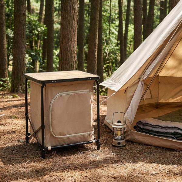 Armoire pliante de camping - Rangement optimisé pour vêtements et accessoires - Pliable, facile à monter - Beige-noir - Polyester/alu/MDF - 48x48x53.5 cm