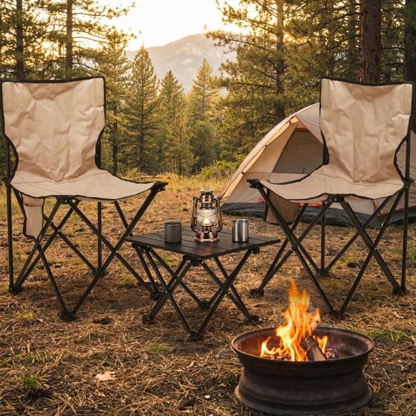 Set pieghevole di sedie e tavolo da campeggio, 2 sedie + tavolo, beige-nero incl. borsa per il trasporto per picnic, spiaggia, balcone, mobile e salvaspazio