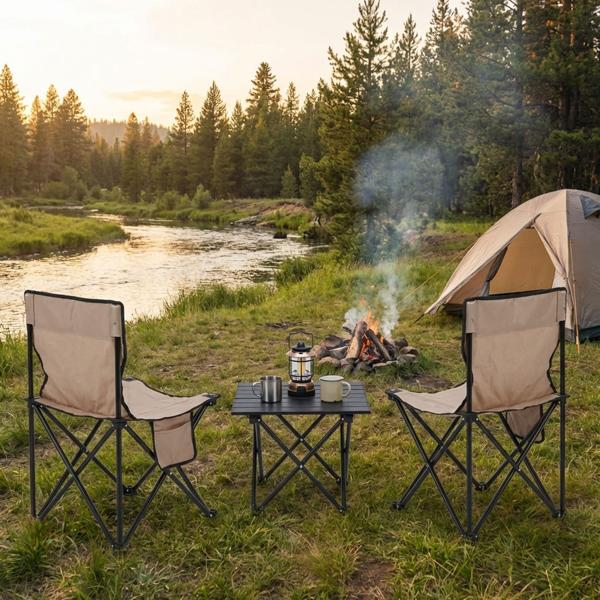 Set pieghevole di sedie e tavolo da campeggio, 2 sedie + tavolo, beige-nero incl. borsa per il trasporto per picnic, spiaggia, balcone, mobile e salvaspazio