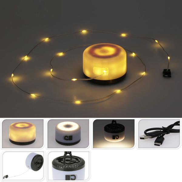 Versatile luce da campeggio ricaricabile 2in1 con catena luminosa a LED da 10 m (7 modalità, 100 LED): Decorazione per tenda e giardino, per indimenticabili serate all‘aperto