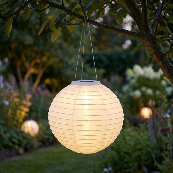 Lampion solaire LED avec capteur crépusculaire, blanc, Ø 28 cm : lampe de jardin automatique, décorative et facile à suspendre