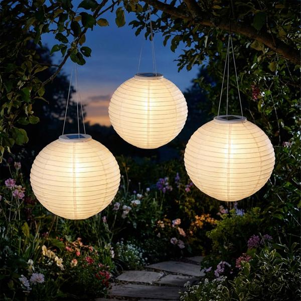 Lot de 3 lampions LED solaires - Capteur crépusculaire, blanc chaud, Ø 28 cm - Décoration jardin/extérieur - Facile à suspendre