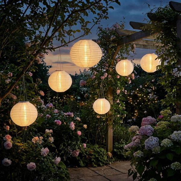 Lot 6 Lampions LED Solaires - Capteur Crépusculaire, Blanc Ø 28 cm - Lampe de Jardin Décorative, Suspension Facile, Ambiance Chaleureuse