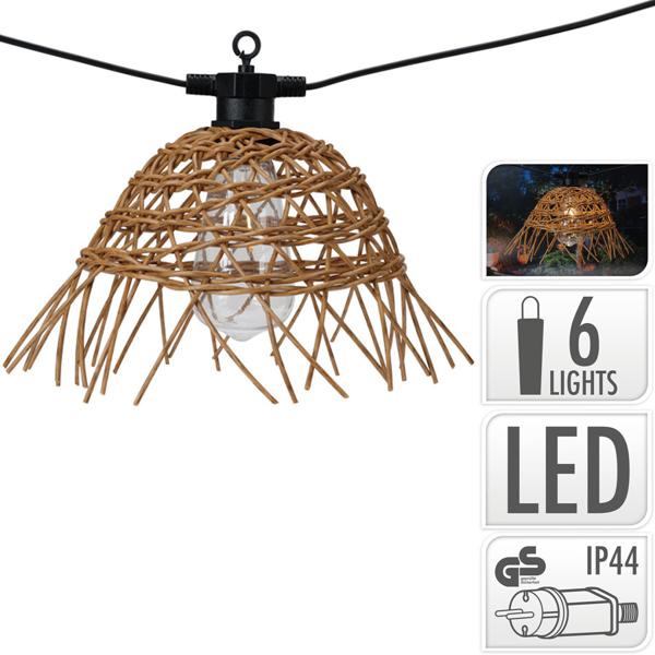 Stimmungsvolle Retro-Lichterkette mit 6 Rattan-Lampenschirmen 5,5 m – warme LED Gartenbeleuchtung für Balkon, Terrasse & gemütliche Abende