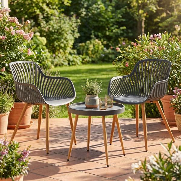 Edle Sitzgruppe mit Balkontisch, 3-tlg., grau, Bistro-Set für Garten, Terrasse, Balkon, wetterfest, modern & komfortabel