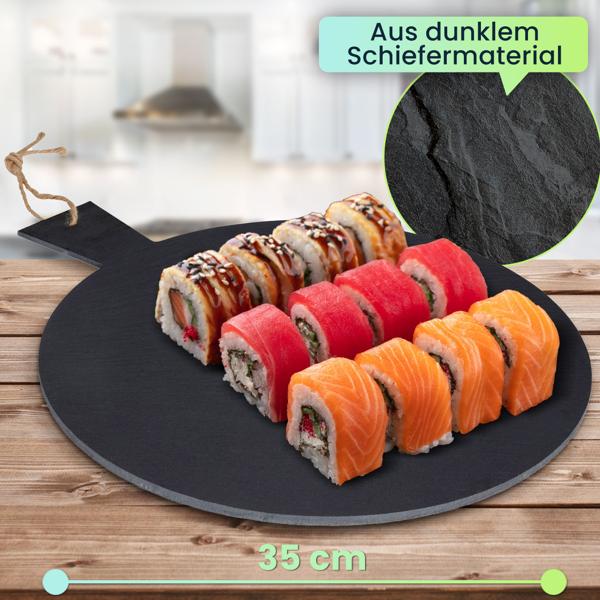 Serviertablett Schieferplatte rund mit Griff Ø 35 cm - Elegante Tischdeko für Feste & Apéro - Robust, langlebig & leicht zu reinigen - Unikat