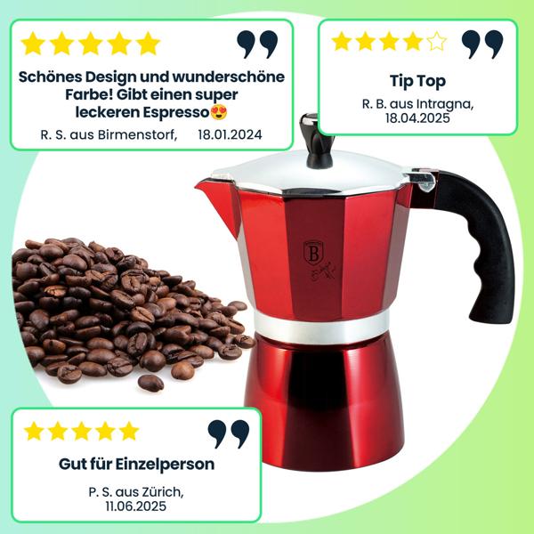 Eleganter Design Espressokocher: 3 Portionen, rot-Metallic – Stilvoller Kaffeegenuss, für aromatischen Espresso wie vom Barista