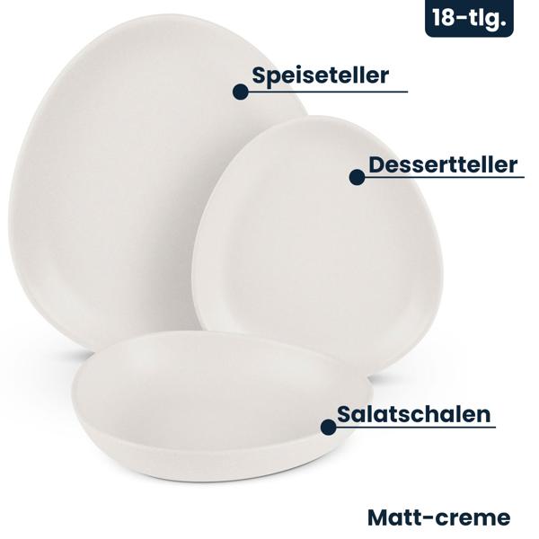 Steingut Geschirrset 18-tlg. , matt-creme, 6 Personen: Speise-, Dessertteller, Schalen, edles Design für stilvolle Mahlzeiten, modern und elegant