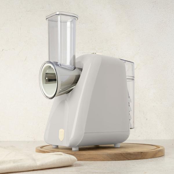 Elektrische Küchenreibe - 5 scharfe Edelstahl-Aufsätze zum Hobeln, Hacken & Reiben von Obst/Gemüse/Nüssen - 150W Leistung, creme - Zerkleinerer für Küche