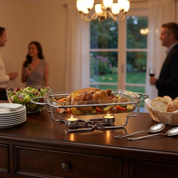 Chauffe-plats Premium en acier inoxydable 3L - Couvercle verre transparent & poignées or rose - Four/micro-ondes - Support & bougies inclus