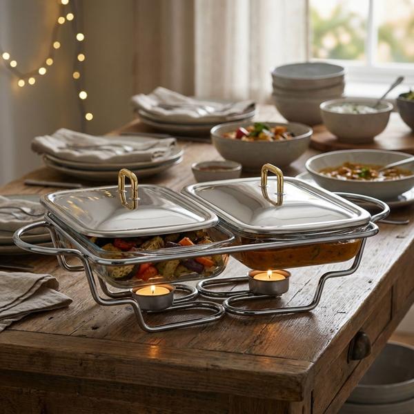 Premium Edelstahl Speisewärmer, 2 x 1,5 Liter Schalen, mit transparenten Glasdeckeln: Ofenfest, inkl. Ständer und Teelichter, ideal für warme Buffets