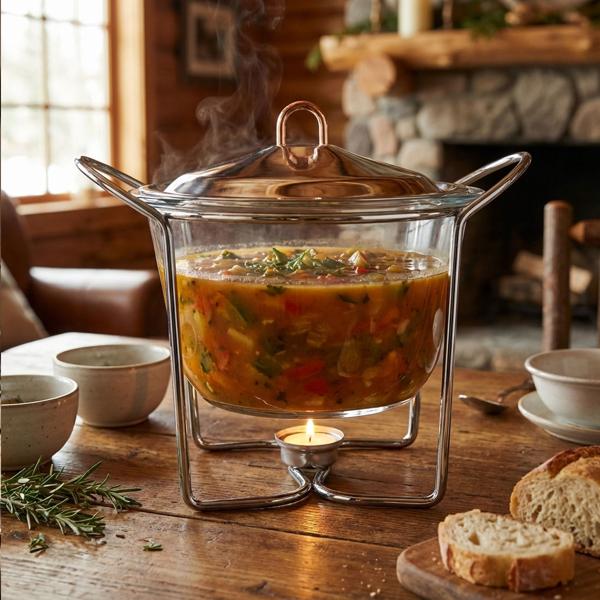 Premium Edelstahl und Glas Suppenwärmer, 4 Liter Behälter, transparent mit Glasdeckel: Ofenfest, inkl. Ständer und Teelichter, ideal für warme Buffets