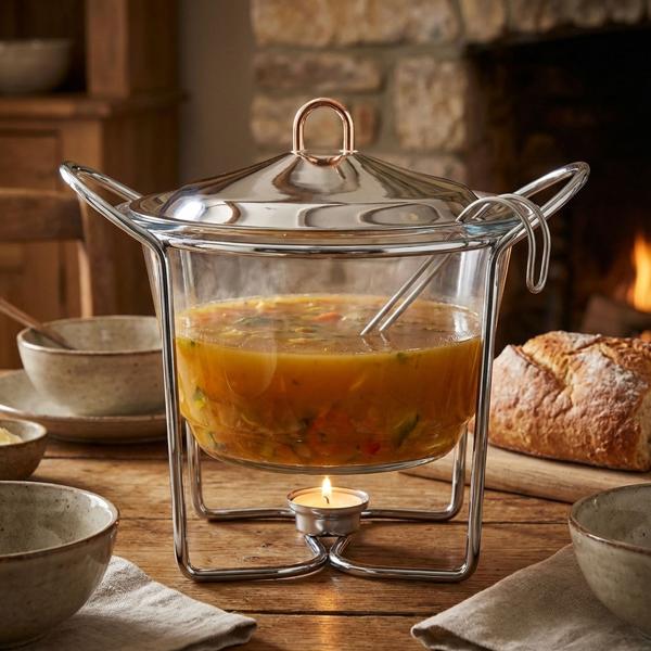 Premium Edelstahl und Glas Suppenwärmer, 4 Liter Behälter, transparent mit Glasdeckel: Ofenfest, inkl. Ständer und Teelichter, ideal für warme Buffets