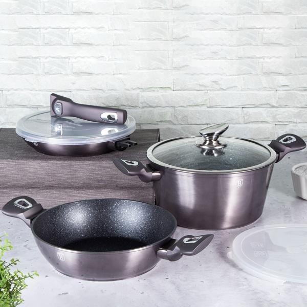 Set di pentole e padelle di alta qualità, composto da 3 pezzi: alluminio, coperchio, manico rimovibile, eleganti coperchi in plastica e nero - salvaspazio e pratico