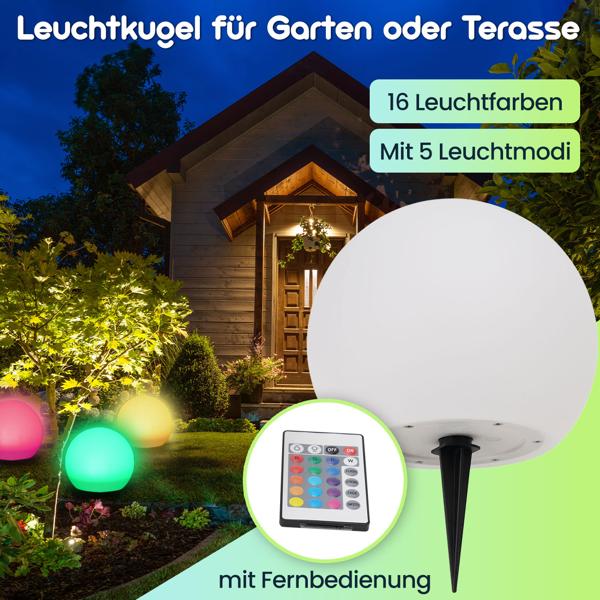 Solar-LED-Leuchtkugel, Ø 30cm, RGBW mit Fernbedienung, 60 Lu, IP67. Farbwechsel-Lichtkugel für Garten & Terrasse, wetterfest & kabellos