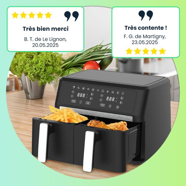 Friteuse sans huile premium Dual Zone, deux paniers, 2x 4,5 l – air fryer inox/ABS, 11 programmes, écran tactile LED, antiadhésif, 2400 W