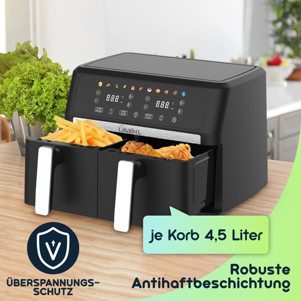 Premium Dual-Zone Heissluftfritteuse, Doppelkorb, 2x 4,5 l, inkl. Silikonformen - Air Fryer, 11 Kochprogramme, LED Touch Display, starke 2400W 