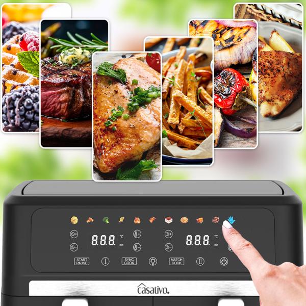 Friteuse sans huile Dual Zone – 2 paniers de 4,5 L – air fryer inox/ABS, 11 programmes, écran tactile LED, antiadhésif, 2400 W