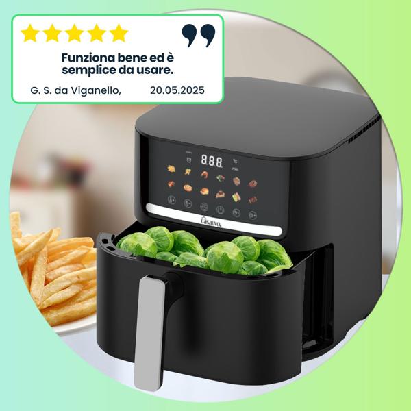 Friggitrice ad aria calda Premium con 11 programmi di cottura, 6,5 l, incluso stampo in silicone, 1600 watt - AirFryer con pannello a sfioramento LED, nero opaco, antiaderente