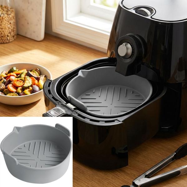 Hochwertige Silikonform für Heissluftfritteuse, grau, Ø 19 x H 6 cm, Antihaft, hitzebeständig & spülmaschinenfest, für perfekte Ergebnisse