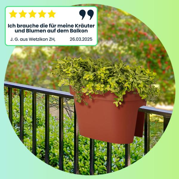 2er-Set Ovaler Balkongeländer Blumentopf, terracotta, 27 x 40 x 25 cm, wetterfest, robust & stilvoll für Geländer & Zaun, ideal für Blumen & Kräuter