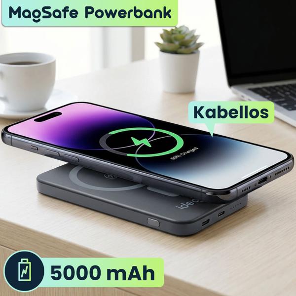 MagSafe Powerbank 5000 mAh, 15W Qi - Hochwertige kompakte Wireless Power Bank – Schnelles Laden Quick Charge für iPhone & Android – Mobiler Power-Boost