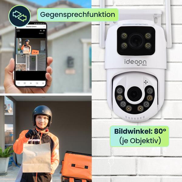 Zuverlässige Dual Lens IP Outdoor-Überwachungskamera, 355° schwenkbar & neigbar – Leistungsstarke Kamera mit Nachtsicht, Gegensprechen & Aufnahme