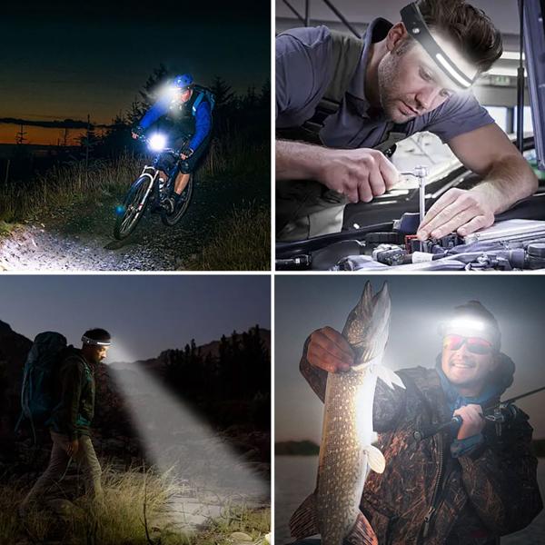 Superhelle COB-LED Stirnlampe mit 230° Weitwinkel – Kopflampe 350lm mit Gestensteuerung, inkl. 2 Lichtquellen für Handwerk & Outdoor