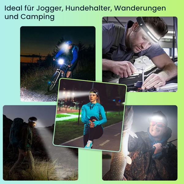 Superhelle COB-LED Stirnlampe mit 230° Weitwinkel – Kopflampe 350lm mit Gestensteuerung, inkl. 2 Lichtquellen für Handwerk & Outdoor
