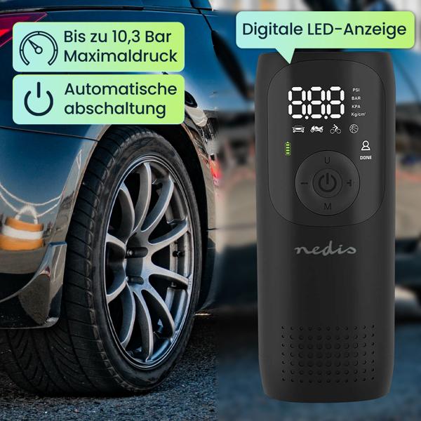 Mobile Akku-Kompressor-Luftpumpe: 0,1-10,3 Bar, 4000mAh, digitale Anzeige & Arbeitsleuchte – Leistungsstark & präzise aufpumpen