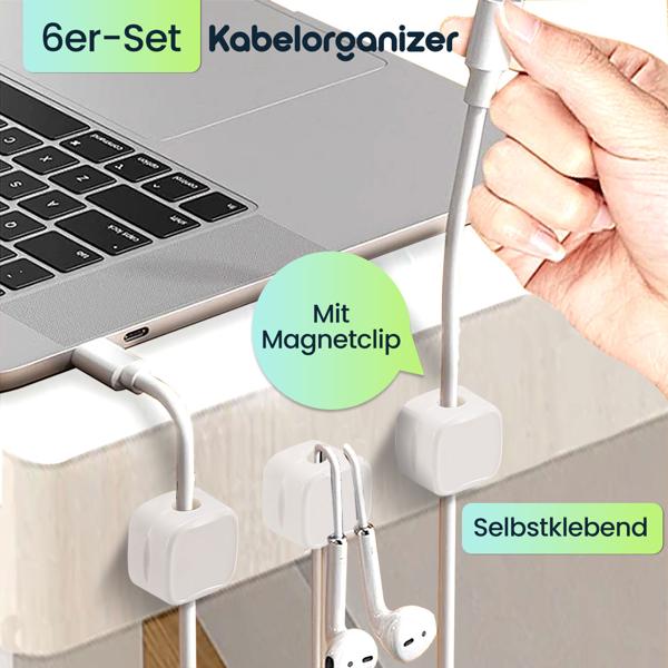 6er-Set Kabelorganizer mit Magnetclip, weiss: Schreibtisch-Kabelhalter, selbstklebend & flexibel – Nie wieder Kabelsalat im Büro & Zuhause