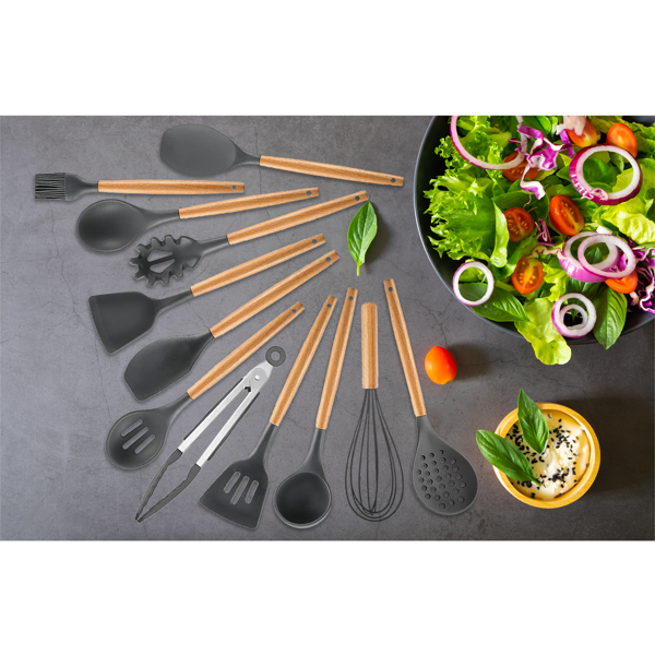 Elegantes 12-tlg. Küchenhelfer Set aus Silikon mit Holzgriff: Stilvolle Kochutensilien für jede Küche, Praktisch, hochwertig & ein echter Blickfang