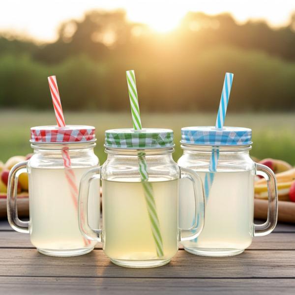 Verres à boire rétro avec couvercle coloré, anse et paille : Un set de 3 verres pour limonade, thé glacé, cocktails & smoothies - style vintage
