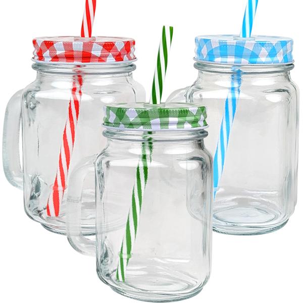 Verres à boire rétro avec couvercle coloré, anse et paille : Un set de 3 verres pour limonade, thé glacé, cocktails & smoothies - style vintage