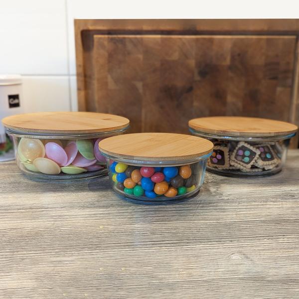 Hochwertige Vorratsdosen mit Deckel, rund, Glas/Bambus, 3 Grössen: Vorratsgläser für Aromaschutz & eine stilvolle Ordnung