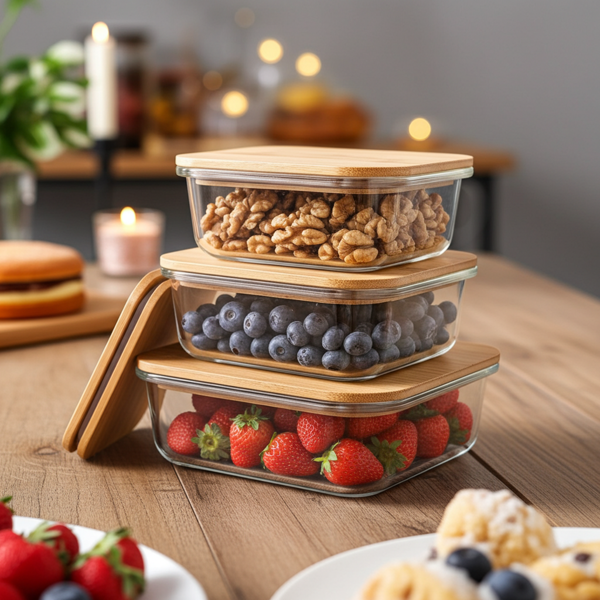 Hochwertige Vorratsdosen mit Deckel, rechteckig, Glas/Bambus, 3 Grössen: Vorratsgläser für Aromaschutz & eine stilvolle Ordnung
