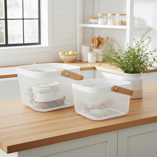 Elegante Metall Drahtkörbe Weiss mit Holzgriff: 2er-Set Aufbewahrungskörbe für Küche & Bad – Praktisch & Dekorativ