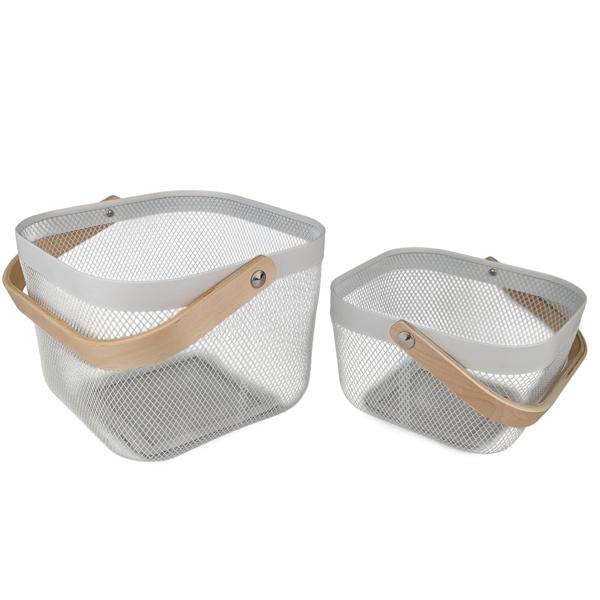 Elegante Metall Drahtkörbe Weiss mit Holzgriff: 2er-Set Aufbewahrungskörbe für Küche & Bad – Praktisch & Dekorativ