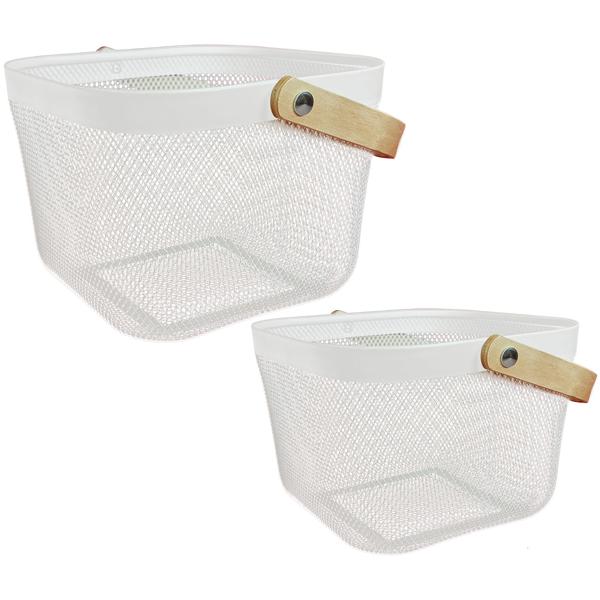 Elegante Metall Drahtkörbe Weiss mit Holzgriff: 2er-Set Aufbewahrungskörbe für Küche & Bad – Praktisch & Dekorativ