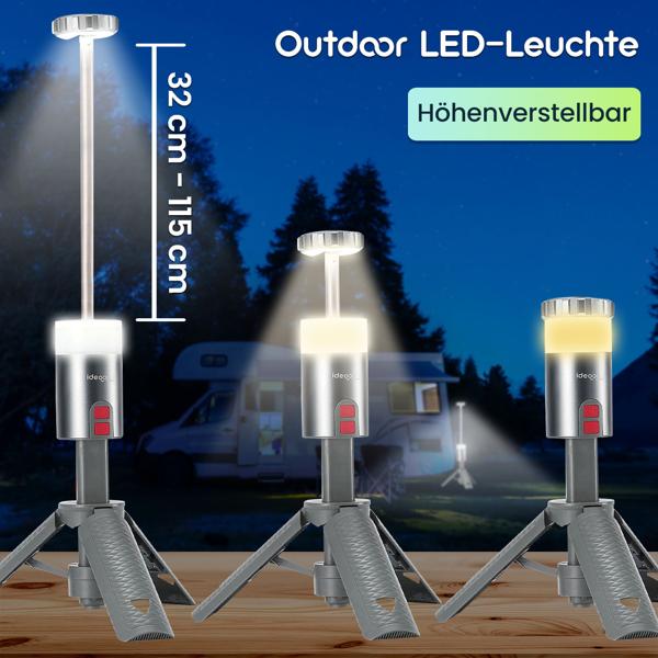 Professionelle Outdoor-LED-Leuchte mit Stativ – Mobiler Akku-Strahler mit 180° schwenkbarem Kopf, dimmbar, RGB & Powerbank
