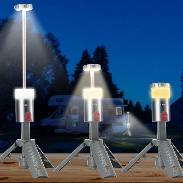 Professionelle Outdoor-LED-Leuchte mit Stativ – Mobiler Akku-Strahler mit 180° schwenkbarem Kopf, dimmbar, RGB & Powerbank