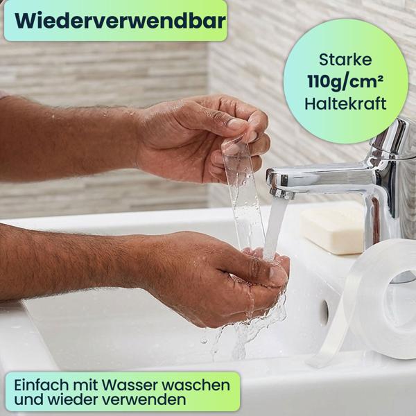 Doppelseitiges Nano-Klebeband Transparent (5m x 30mm): Starke 110g/cm² Haltekraft, Wiederverwendbar, spurlos ablösbar