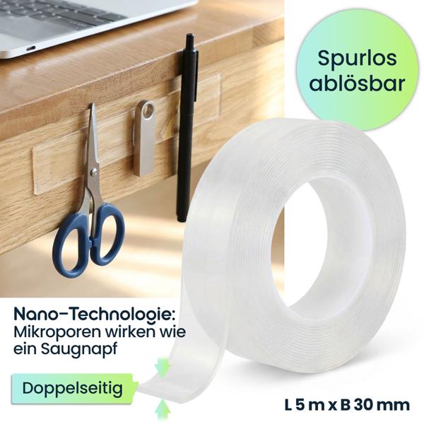 Doppelseitiges Nano-Klebeband Transparent (5m x 30mm): Starke 110g/cm² Haltekraft, Wiederverwendbar, spurlos ablösbar