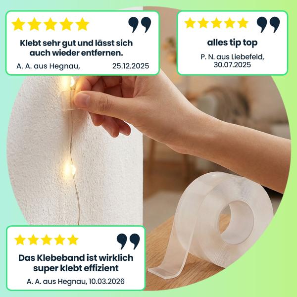 Doppelseitiges Nano-Klebeband Transparent (5m x 50mm): Starke 110g/cm² Haltekraft, Wiederverwendbar, spurlos ablösbar