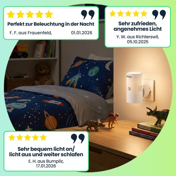 Steckdosen-Nachtlicht dimmbar mit PIR- & Dämmerungssensor – Intelligente Steckdosenlampe mit Bewegungsmelder, 10 LEDs für Flur & Schlafzimmer