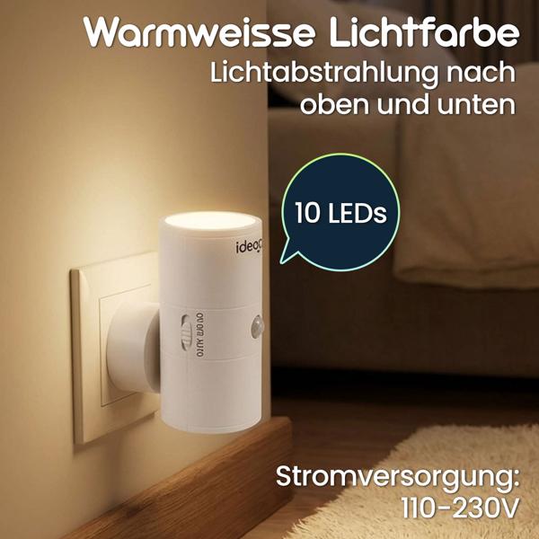 Steckdosen-Nachtlicht dimmbar mit PIR- & Dämmerungssensor – Intelligente Steckdosenlampe mit Bewegungsmelder, 10 LEDs für Flur & Schlafzimmer
