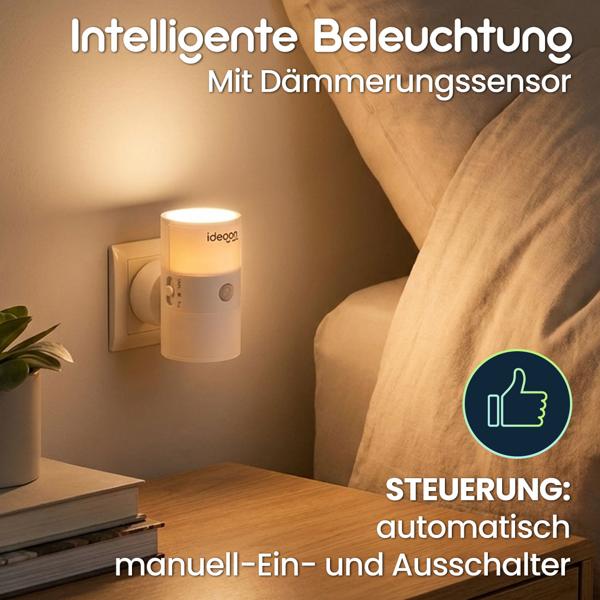 Steckdosen-Nachtlicht dimmbar mit PIR- & Dämmerungssensor – Intelligente Steckdosenlampe mit Bewegungsmelder, 10 LEDs für Flur & Schlafzimmer
