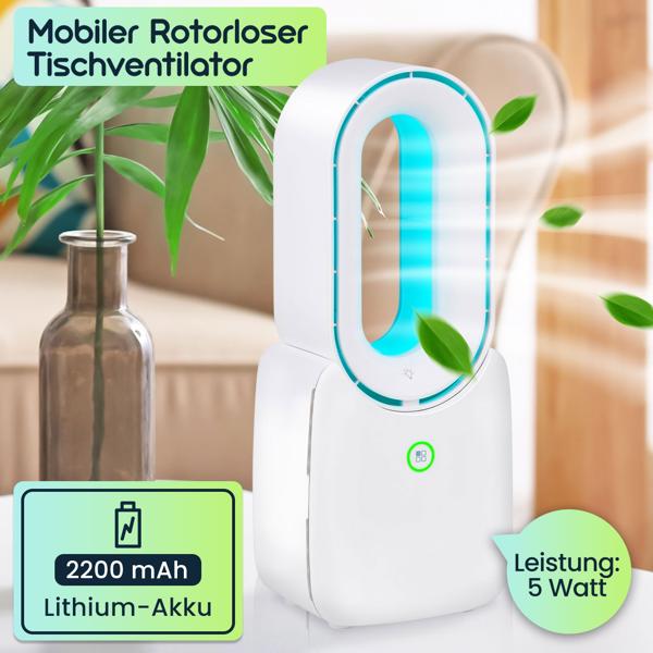 Mobiler Rotorloser Tischventilator (Weiss) mit LED Licht & Akku: Sicher, leise & kabellos für angenehme Kühlung