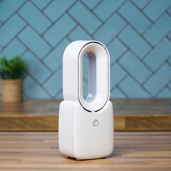 Mobiler Rotorloser Tischventilator (Weiss) mit LED Licht & Akku: Sicher, leise & kabellos für angenehme Kühlung