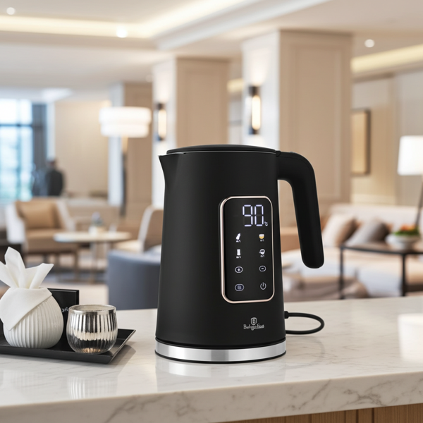 Eleganter 1,7L Edelstahl-Wasserkocher: 2200W, modernes Touch-Display, 4 Stufen, 360°, matt schwarz-roségold – schnelles & stilvolles Wasser kochen